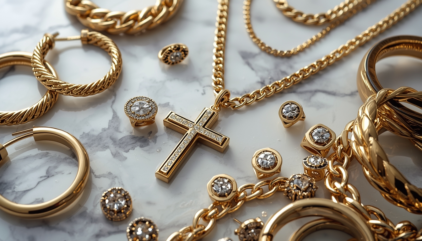 Flat lay of maximalist Mob Wife aesthetic jewelry featuring chunky gold hoops, layered chains, cocktail rings, and bangles